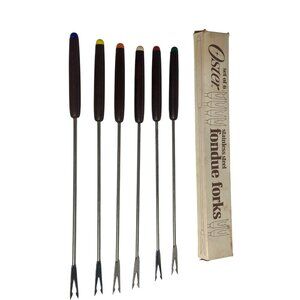 VTG Oster Stainless Steel Fondue Forks 10.5 Set of 6 Wooden Handles Colored Tips